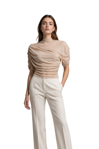 Athena Mesh Cowl Top in beige, front view with draped cowl neck, worn with cream trousers