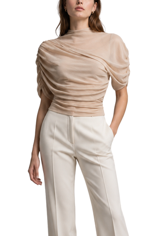 Athena Mesh Cowl Top in beige, close-up of the ruched sleeves and gathered waist
