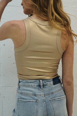Metallic Formfitting Tank in gold, back view with racerback-style cut armholes