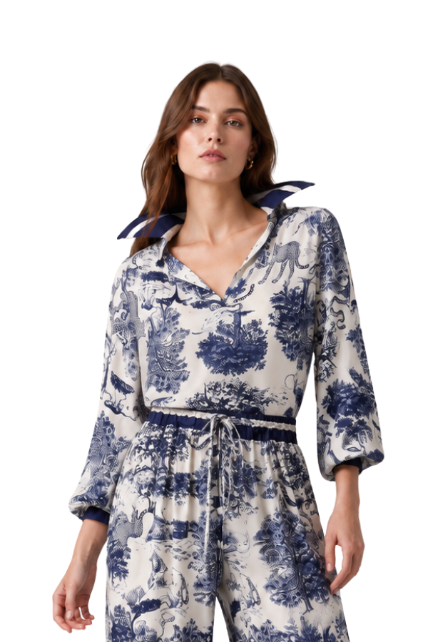 The Beatrice Toile Safari-Print Satin Blouse