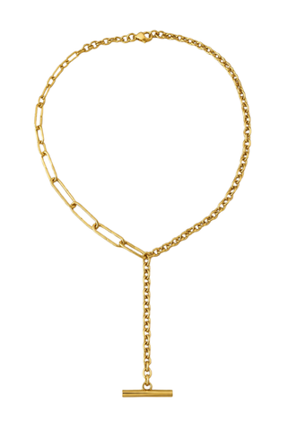 Isabella Gold Mixed-Link Toggle Lariat Necklace, flat view showing mixed chain links and toggle bar drop