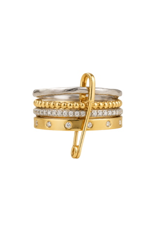 Audrey Two Tone Ring, stack of silver and gold bands with beaded and crystal rows and a gold safety pin