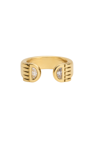 Paloma Gold Ring, product view of the open gold band with two half-moon crystals and ribbed sides