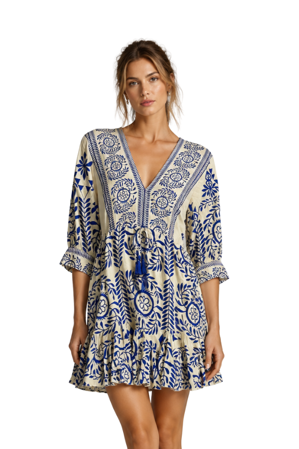 The Aida Tie Front Border Printed Mini Dress