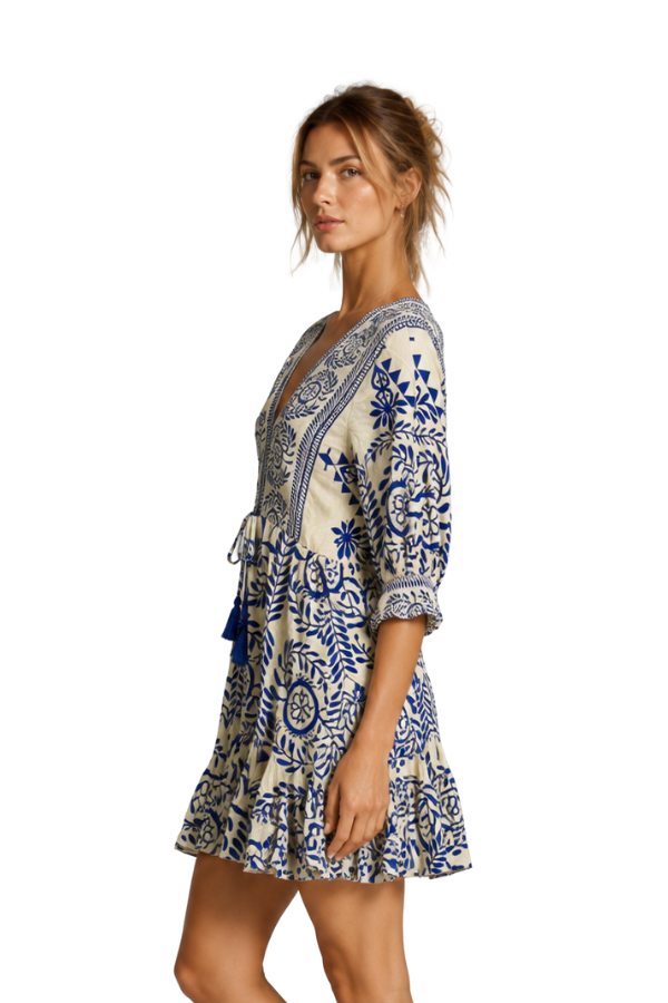 The Aida Tie Front Border Printed Mini Dress