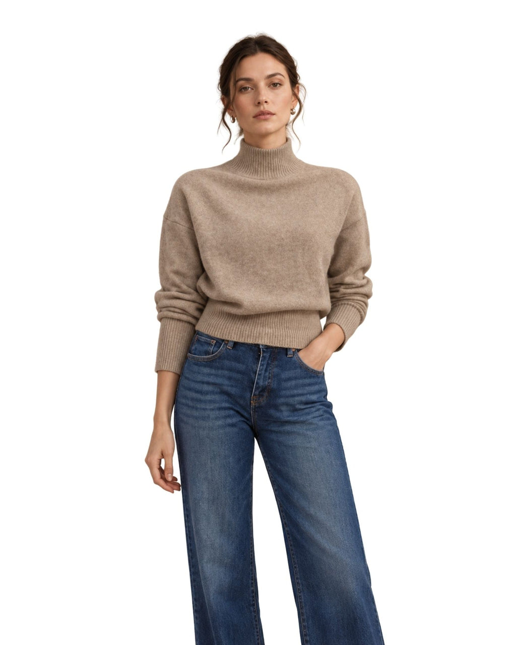 The Elina Mock Neck Knit Sweater - Light Mocha