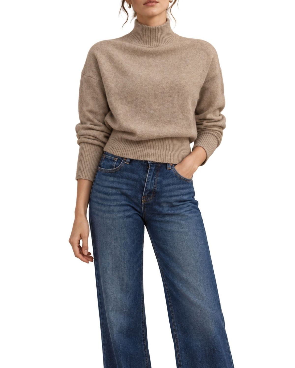 The Elina Mock Neck Knit Sweater - Light Mocha