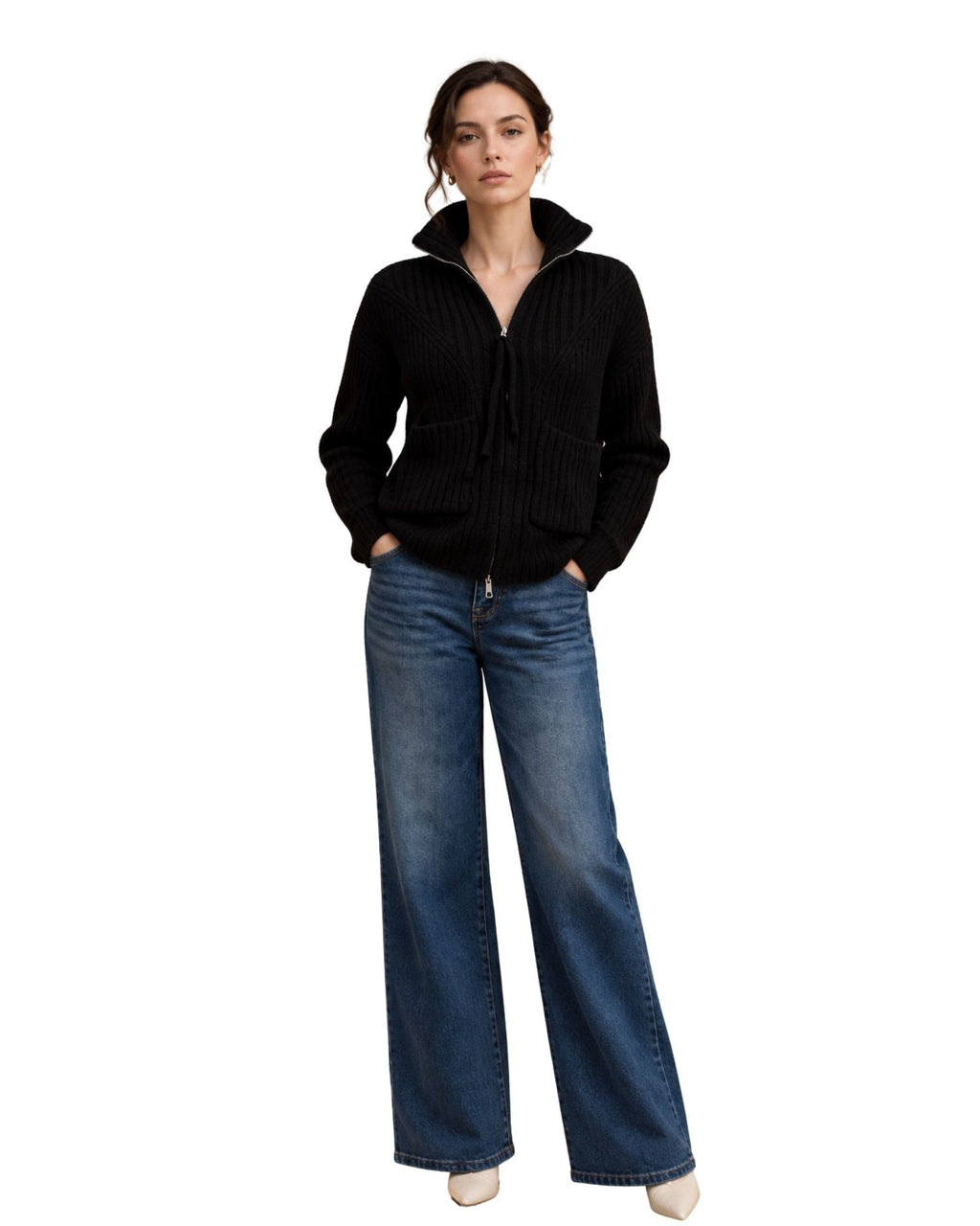 The Estella Zip-Up Ribbed Knit Cardigan - Black