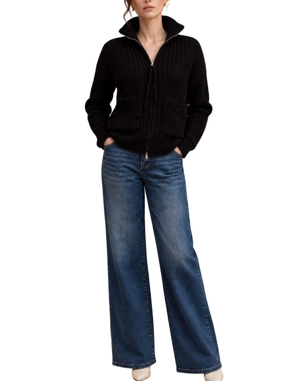 The Estella Zip-Up Ribbed Knit Cardigan - Black