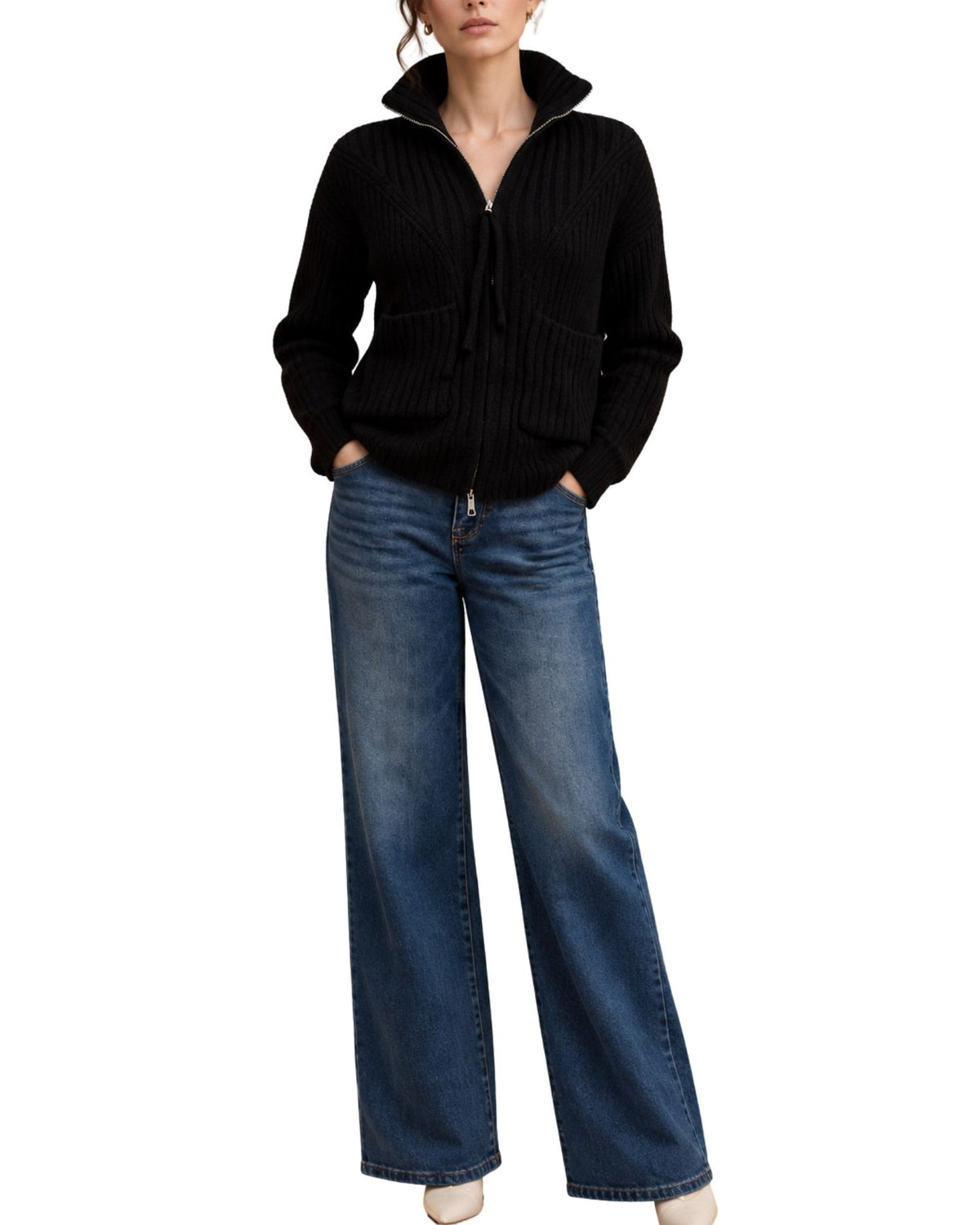 The Estella Zip-Up Ribbed Knit Cardigan - Black