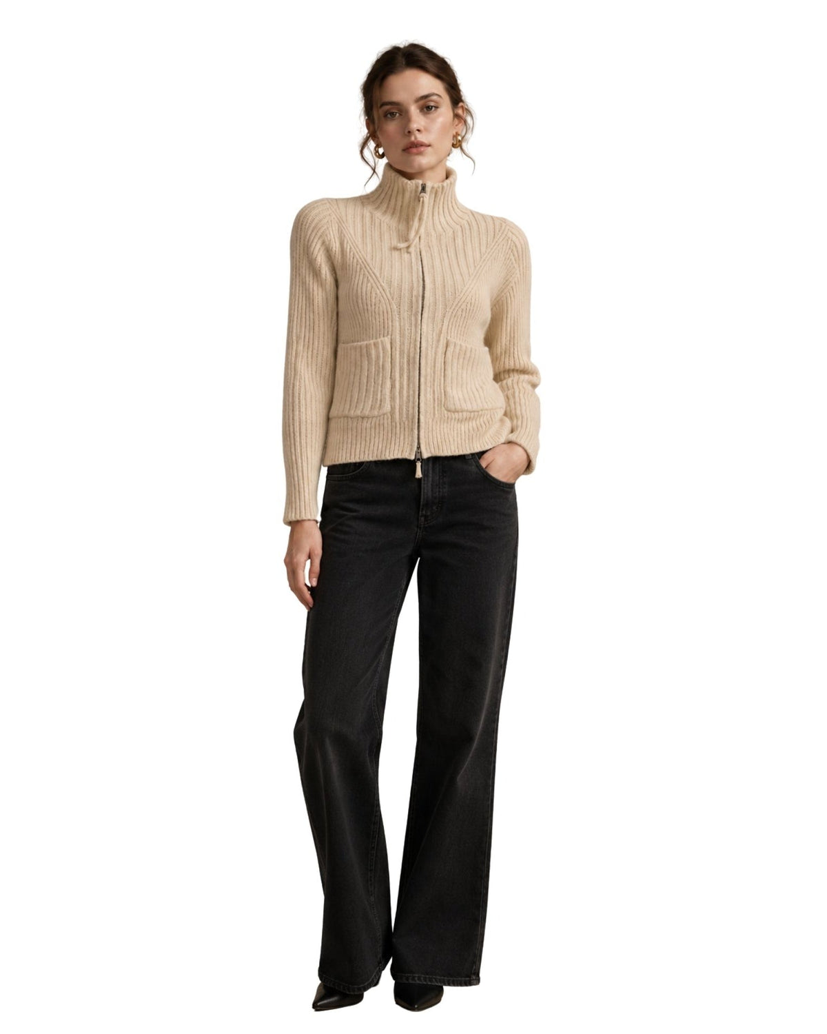The Estella Zip-Up Ribbed Knit Cardigan - Ivory