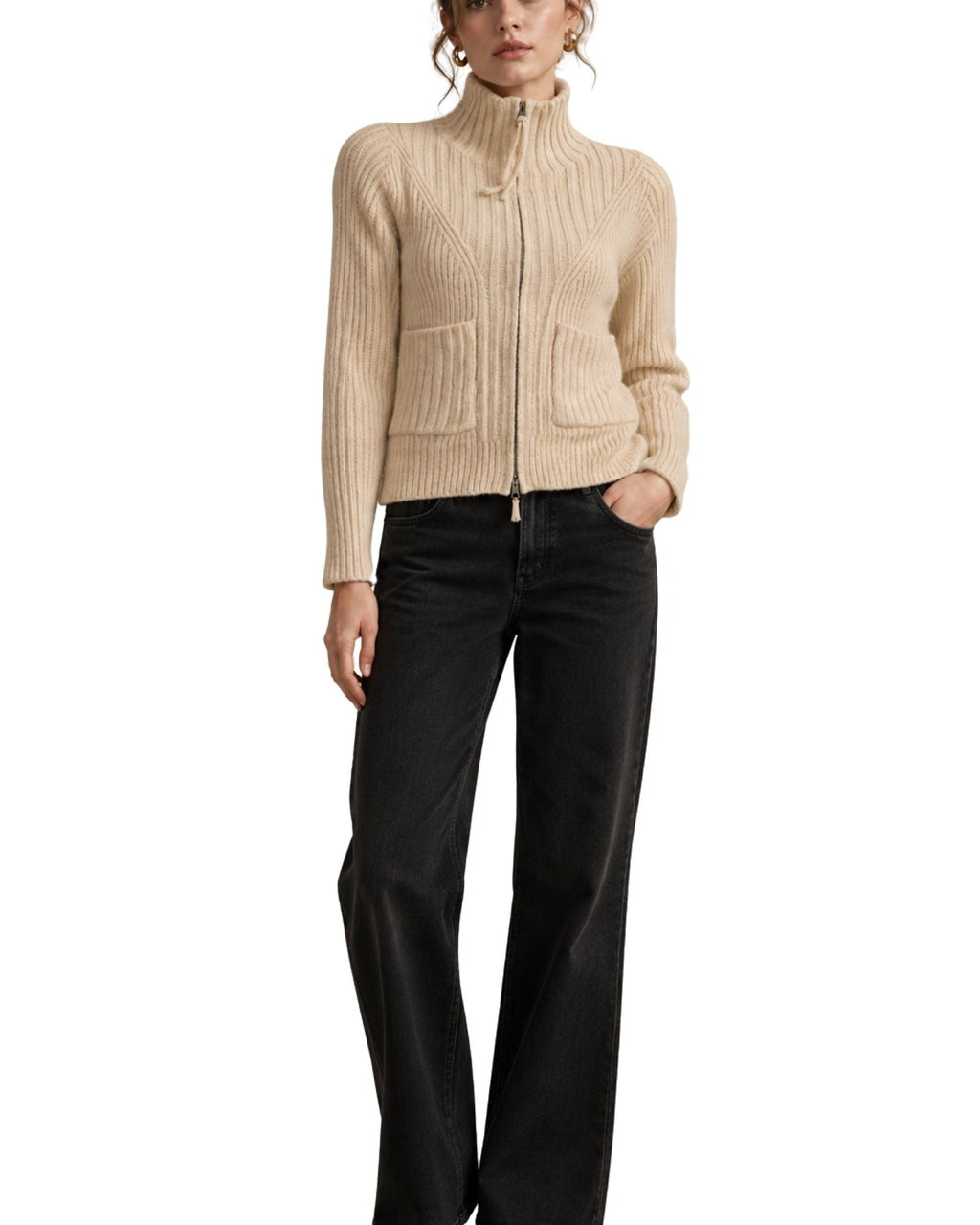 The Estella Zip-Up Ribbed Knit Cardigan - Ivory