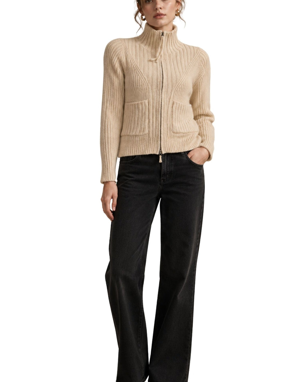The Estella Zip-Up Ribbed Knit Cardigan - Ivory