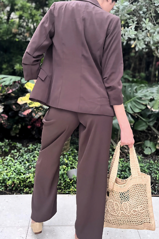 Recycled Shirred Blazer in chocolate brown, back view showing ruched sleeves and tailored fit