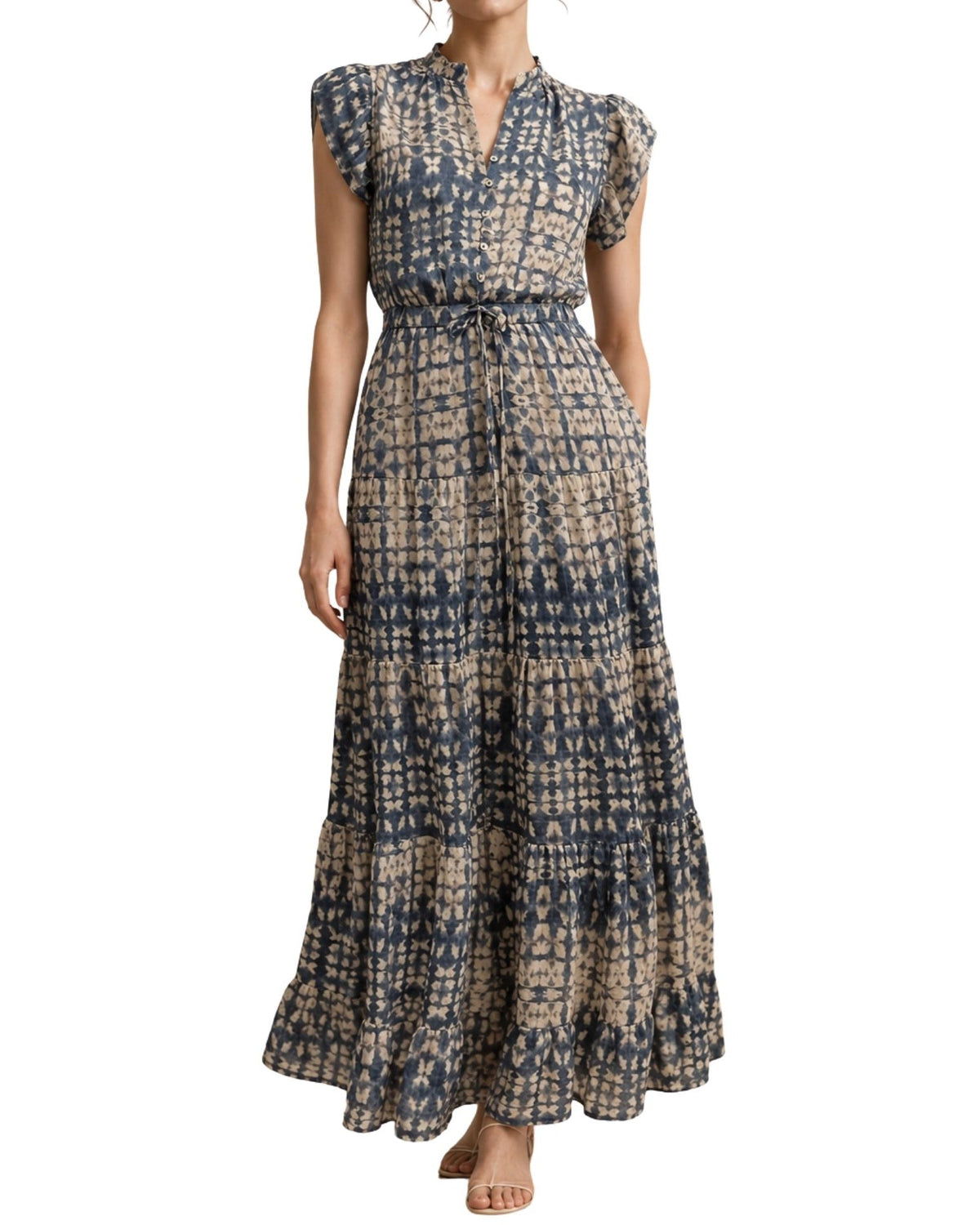 The Nina Batik Print Tiered Maxi Dress - Navy