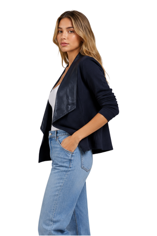 Veronica Jacket in navy, side view showing the open drape front and ruched sleeve