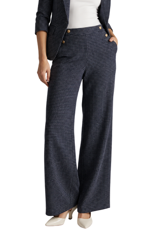 Allison Grid-Check Gold-Button Pants in navy and white, close-up of the gold buttons at the high waist
