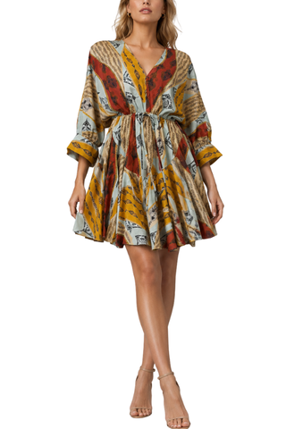 Sasha Printed Drawstring Waist Mini Dress, close-up front showing drawstring waist and mustard, rust and sage print
