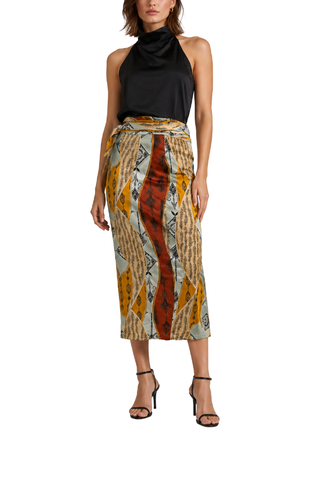 Zadie Printed Wrap Midi Skirt, front view in orange, rust and sage print with black halter top