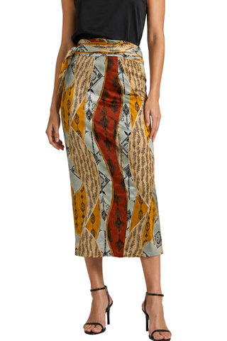 Zadie Printed Wrap Midi Skirt, close-up of the waist tie and bold print