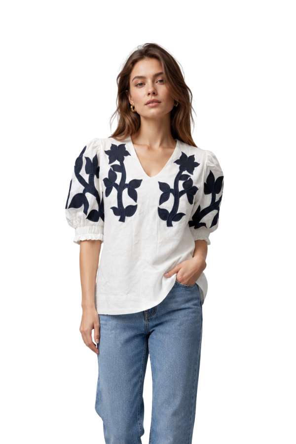 The Arabella Hand Embroidered Puff Slv Top