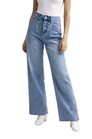 Alison Pleated Leg Jean in light wash, front view of the wide leg with white boots