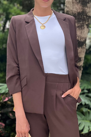 Recycled Shirred Blazer in chocolate brown, close-up front with ruched sleeves over a white tee