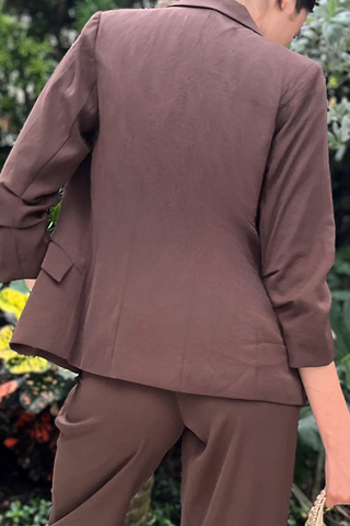 Recycled Shirred Blazer in chocolate brown, close-up back showing the ruched sleeve detail