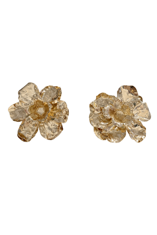 Gold Flower Earring pair, textured gold petals with a hammered finish