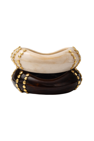 Haylie Gold Bangle Bracelet in cream and brown, stacked chunky bangles with gold stud detailing