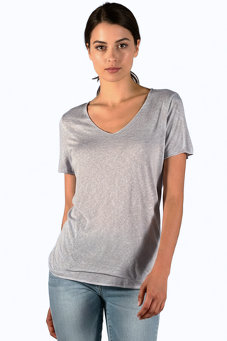 Sady Scoop Neck Tee in taupe grey, front view with a soft V-shaped neckline worn with light jeans