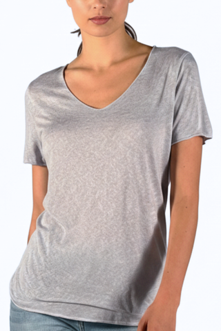 Sady Scoop Neck Tee in taupe grey, close-up of the neckline and short sleeves