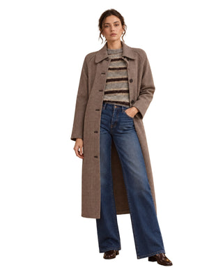 Fernanda Plaid Button Down Coat, full front view of the long brown check coat with striped sweater and jeans