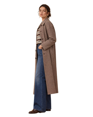 Fernanda Plaid Button Down Coat, side view with hand in pocket showing the long length