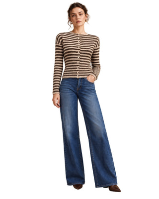 Astrid Striped Knit Cardigan in olive, full-length front view with button front, worn with wide leg jeans