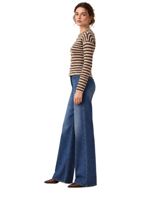 Astrid Striped Knit Cardigan in olive, side view showing the horizontal stripes and fitted sleeve