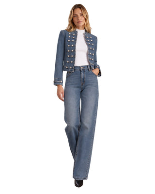 Millie Medium Wash Denim Jacket, full front view of cropped jacket with double rows of silver buttons