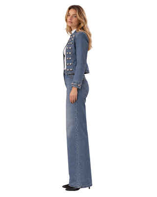 Millie Medium Wash Denim Jacket, side view showing button rows and buttoned cuff