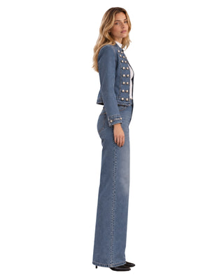 Millie Medium Wash Denim Jacket, opposite side view of the cropped fit and cuff buttons