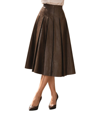 Pleated Faux Leather Midi Skirt in brown, front three-quarter view with box pleats and pointed heels