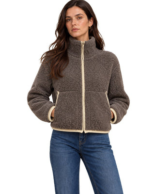 Lettie High Neck Zipper Jacket in taupe fleece, front view with cream zip and trim, worn with jeans