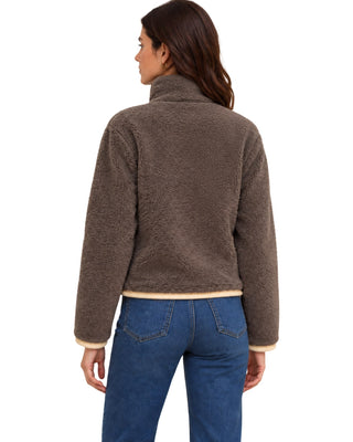 Lettie High Neck Zipper Jacket in taupe fleece, back view with cropped hem and cream cuff trim