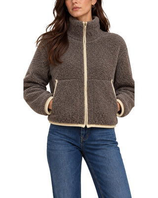 Lettie High Neck Zipper Jacket in taupe fleece, close front view of the high collar and zipper pockets