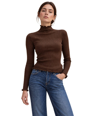 The Gabby Longsleeve Top – in brown, front view on model