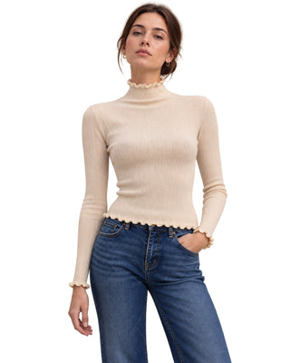 The Gabby Longsleeve Top – in beige, front view on model