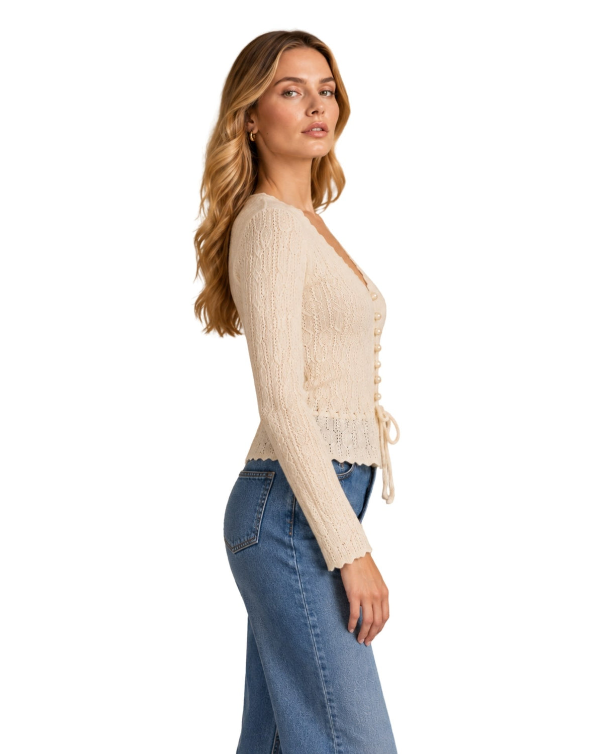 The Hampton Cinched Waist Crochet Knit Cardigan - Cream