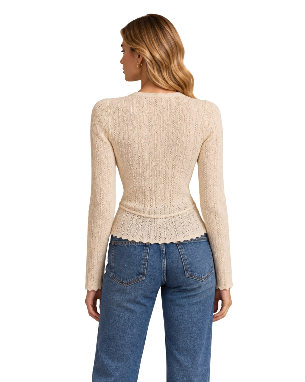 The Hampton Cinched Waist Crochet Knit Cardigan - Cream