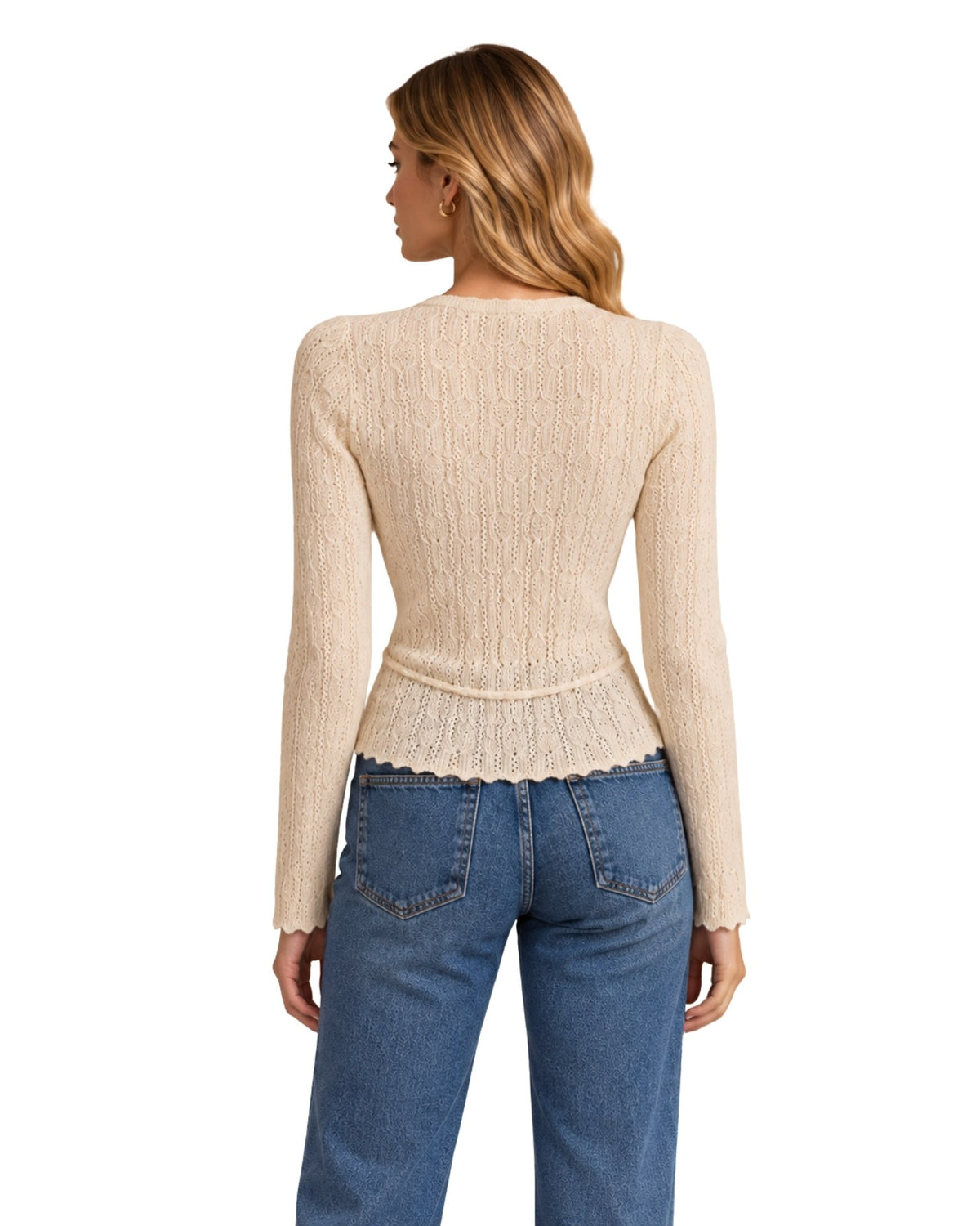 The Hampton Cinched Waist Crochet Knit Cardigan - Cream