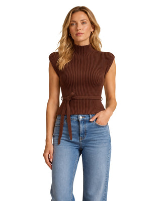 Rosie Belted Ribbed Mock Neck Top in brown, front view with tie belt at the waist, worn with blue jeans