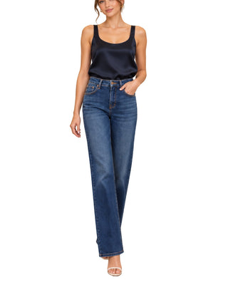 The Elina Silk Top – in dark navy, close-up front view